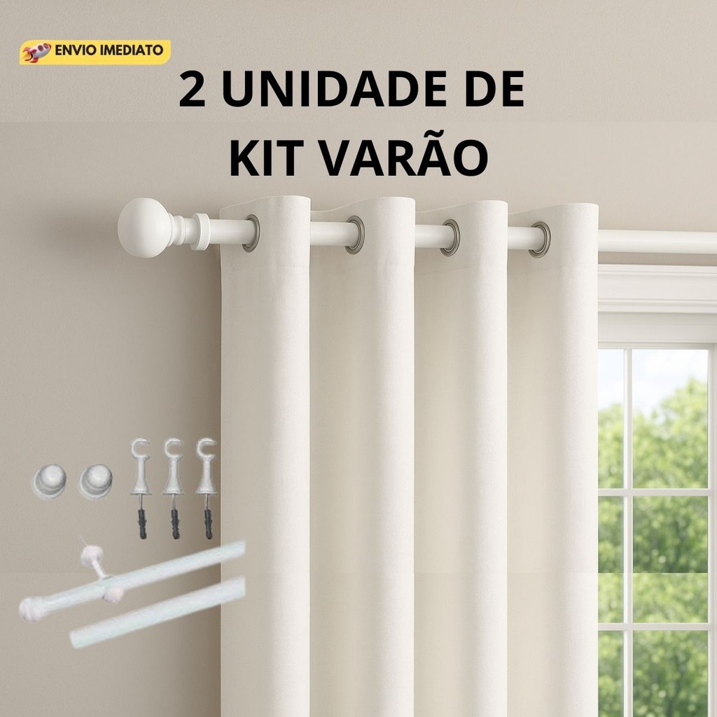 2 Kit Varao De Cortina Madeira Completo Suporte Buchas E Parafusos 2,00M 19,00mm