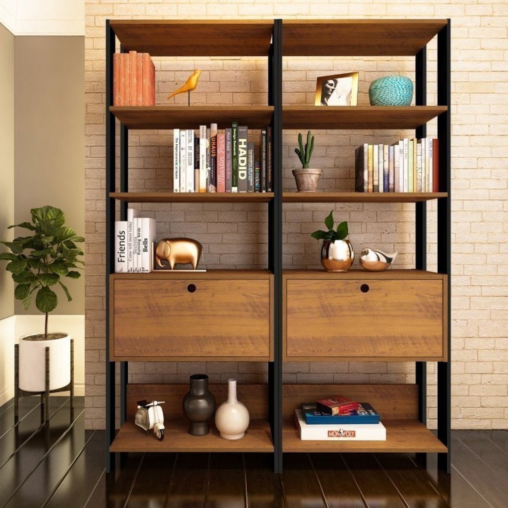 Kit 2 Estantes Multiuso Alta 4 Prateleiras 1 Porta 166cmx126cm Match Artely Pinho/Preto em Oferta na Shopee