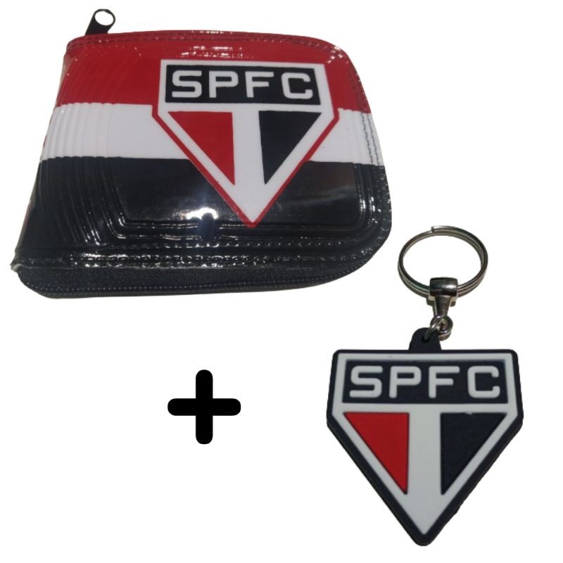 Kit Carteira Masculina + Chaveiro de Borracha do São Paulo Time de Futebol Brasileiro Com Zíper Porta Documentos Barato 