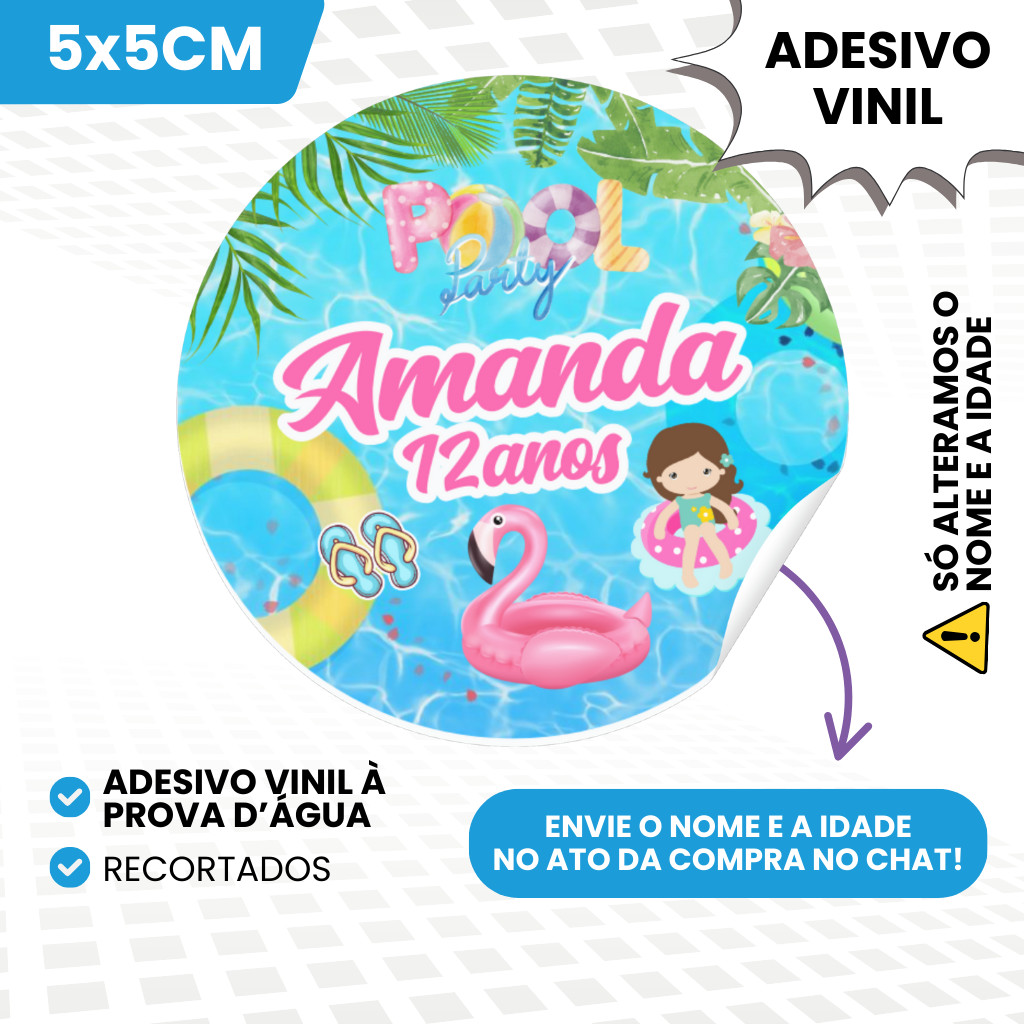 Cartelas de Adesivos Vinil 5x5cm Personalizados Para Lembrancinhas de Aniversário Infantil Menina Pool Party