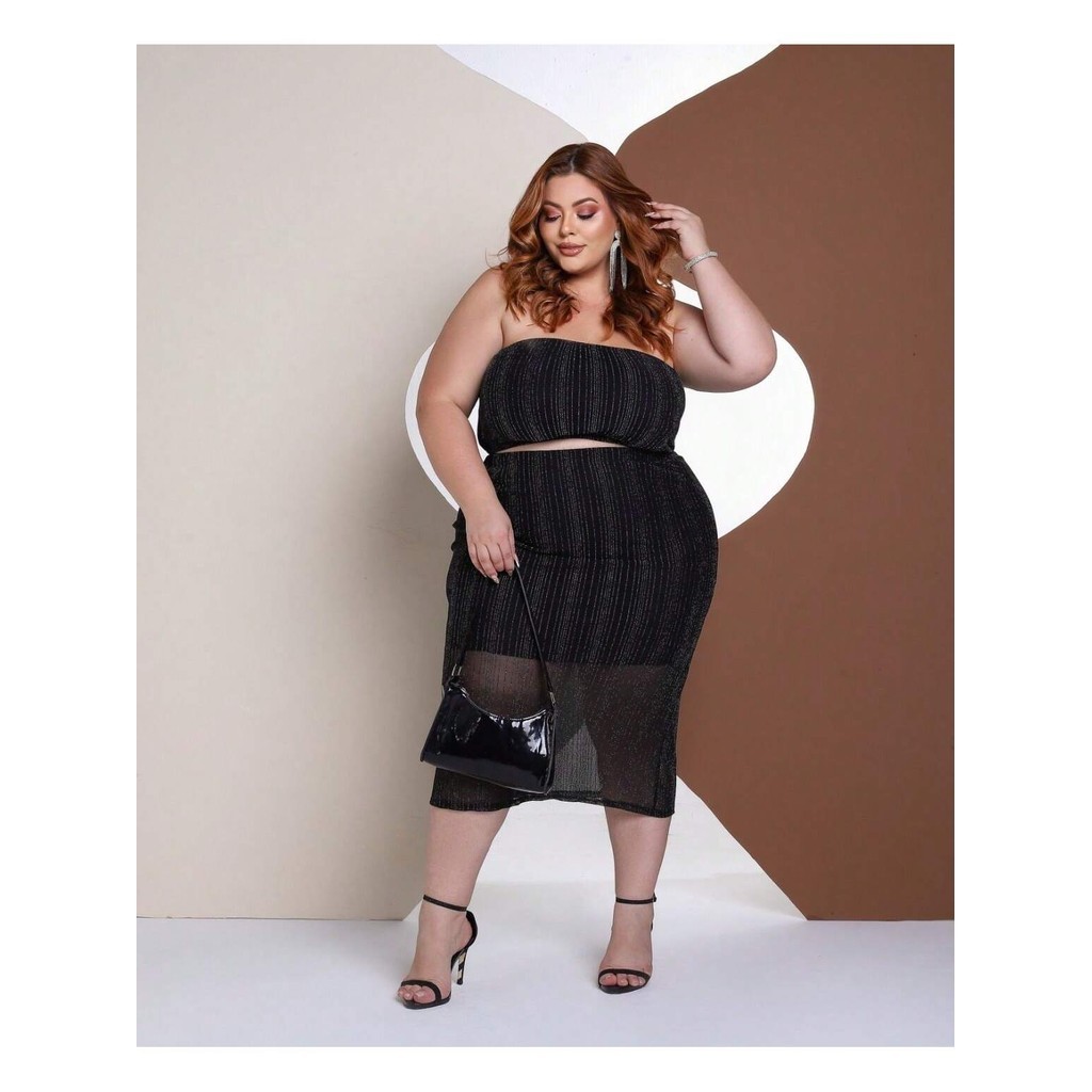 CONJUNTO PLUS SIZE TULE LUREX / TOP TOMARA QUE CAIA + SAIA MIDI COM FORRO TULE LUREX / PLUS SIZE LUXO