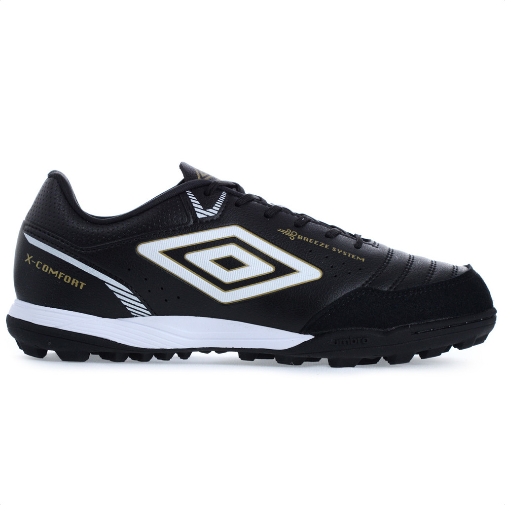 Chuteira Umbro Society X-Comfort Preto Branco e Dourado - Masculino