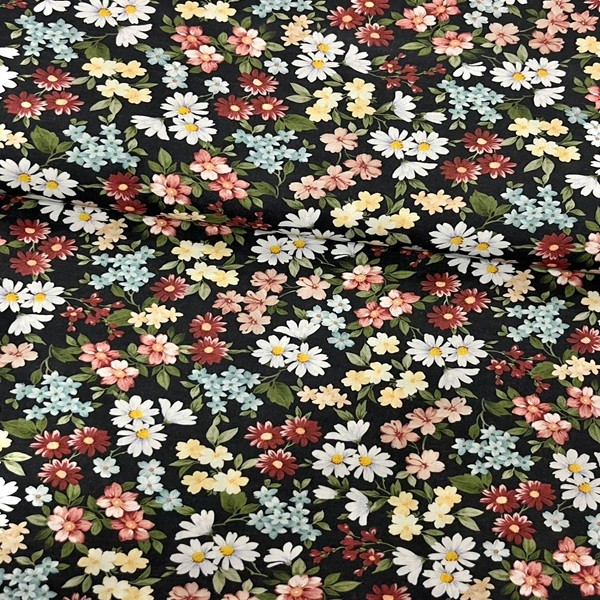 Tecido Tricoline Digital Floral Margaridas Coloridas Fundo Preto