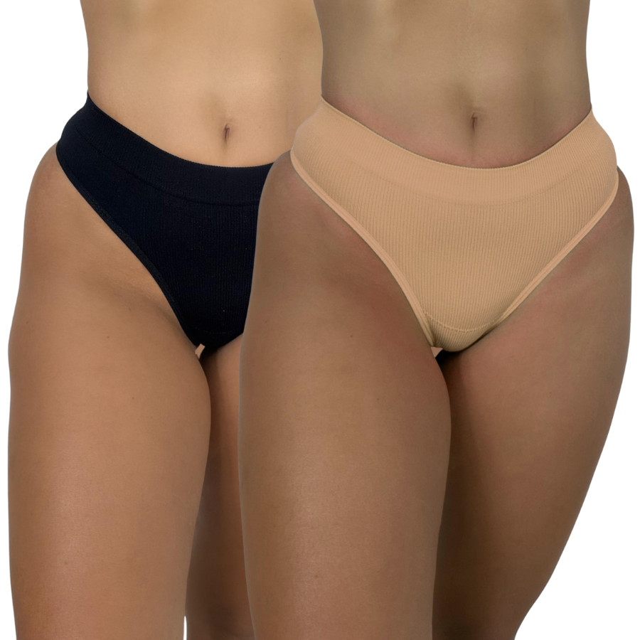 Kit Calcinhas Canelada Importada Preto e Bege Fio Tanga Cintura Alta Pala Dupla em Oferta na Shopee