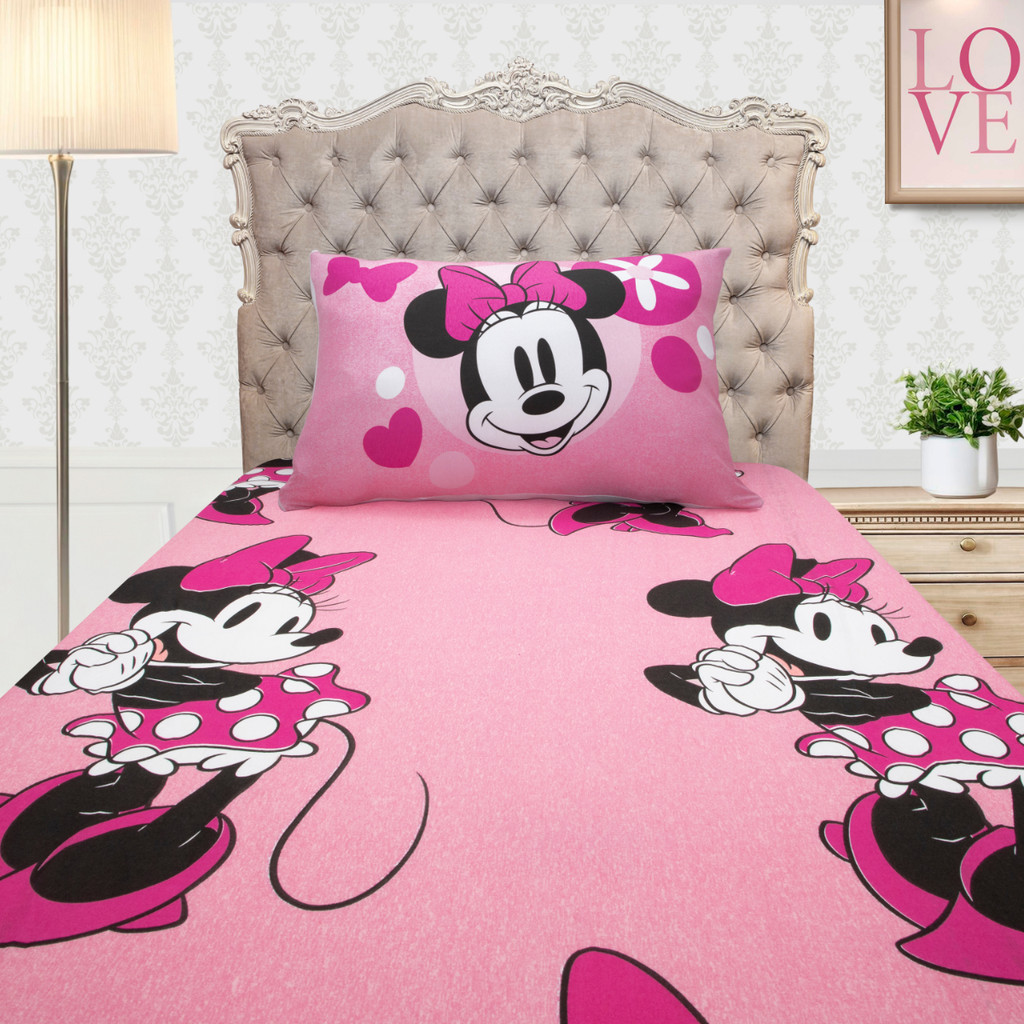 Jogo de Cama Solteiro com elástico 2 Peças Rosa Disney Minnie Infantil cama box