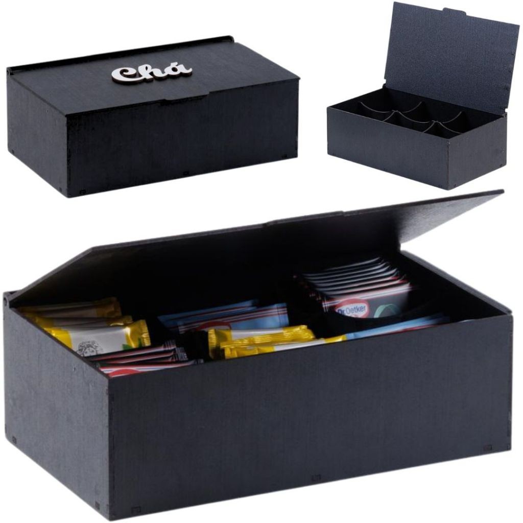 Caixa de Chá Organizador Universal 6 Divisoria Tampa Articulada Porta Saches Cha Açucar Multiuso Mdf em Oferta na Shopee