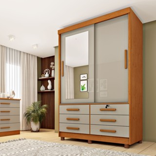 Guarda Roupa Solteiro com Espelho e pés 2 Portas 6 Gavetas 133cm Chicago   Cinamomo/Off White em Oferta na Shopee