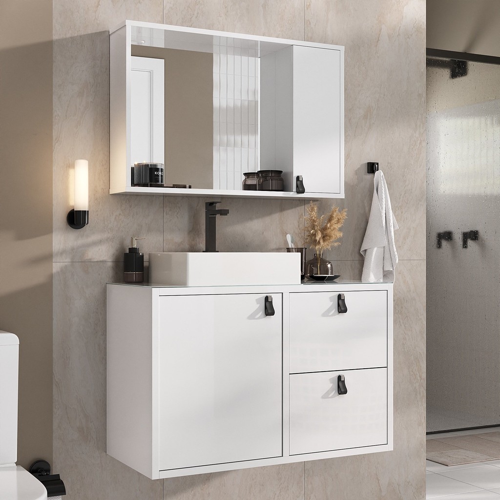 Conjunto Gabinete para Banheiro com Cuba Sobrepor, Tampo de Vidro e Espelheira Toro 80cm Branco em Oferta na Shopee
