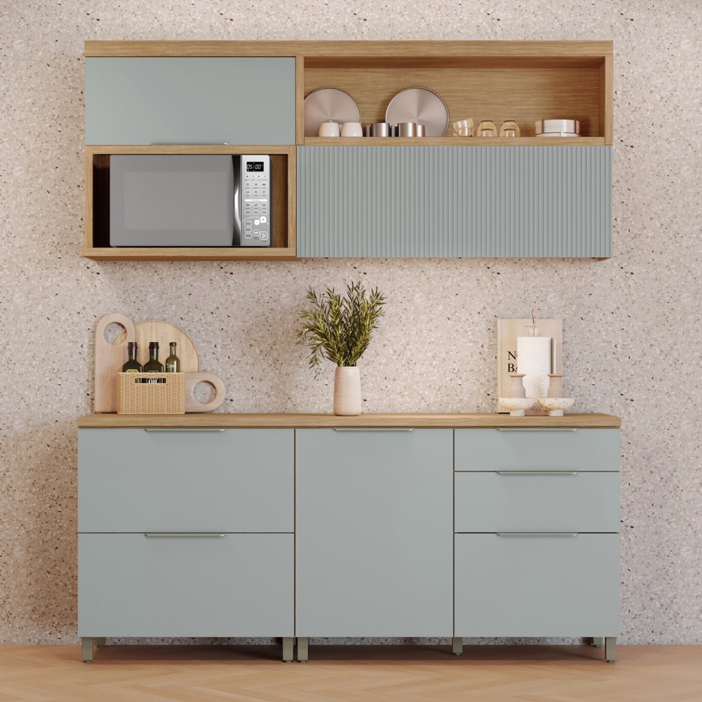 Cozinha Modulada 4 Peças Ripado  100% Mdf Marquesa Nature/Verde em Oferta na Shopee