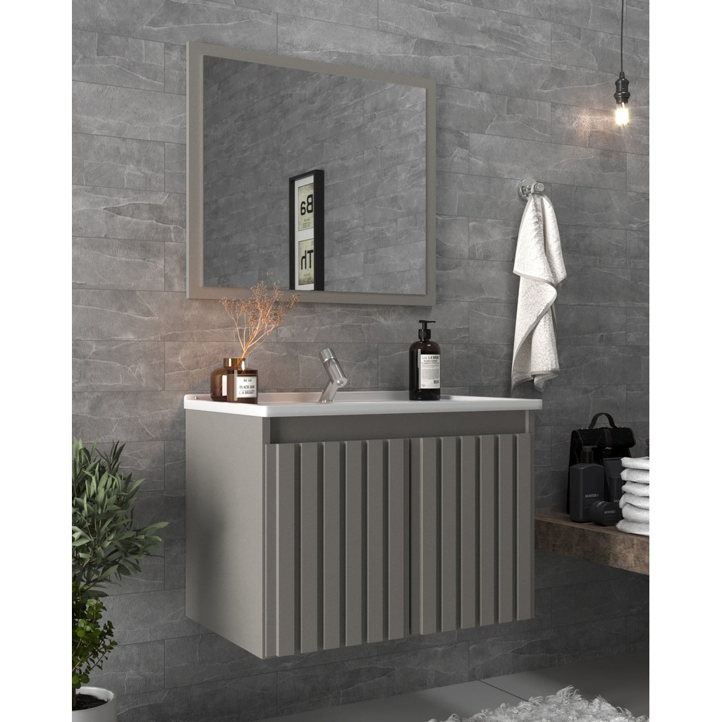 Conjunto Gabinete para Banheiro com Espelheira Barra 60 Cimento em Oferta na Shopee