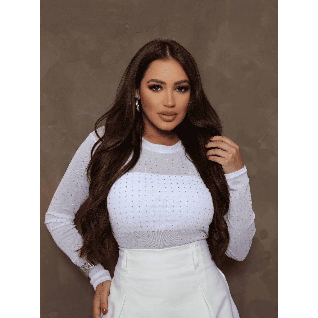 Body feminino brilho strass pedraria manga longa tule transparente BRUNA