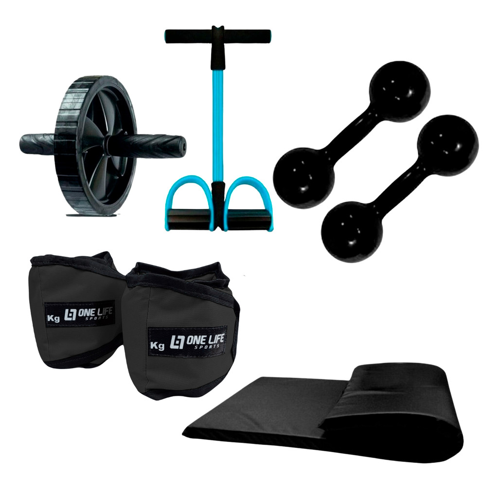 Kit Treino Musculação Funcional - Extensor c/ Apoio de Pé  + Colchonete + Par  Halter 1 kg + Par  Caneleira 3kg