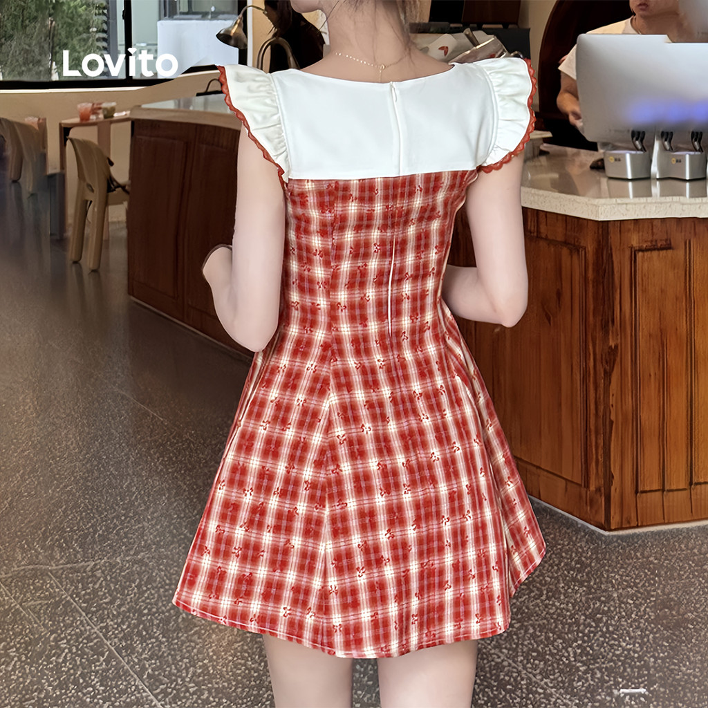 Detalhes do Lovito Vestido Bonito com Laço de Renda Primavera/verão Vermelho para Mulheres L144AD382