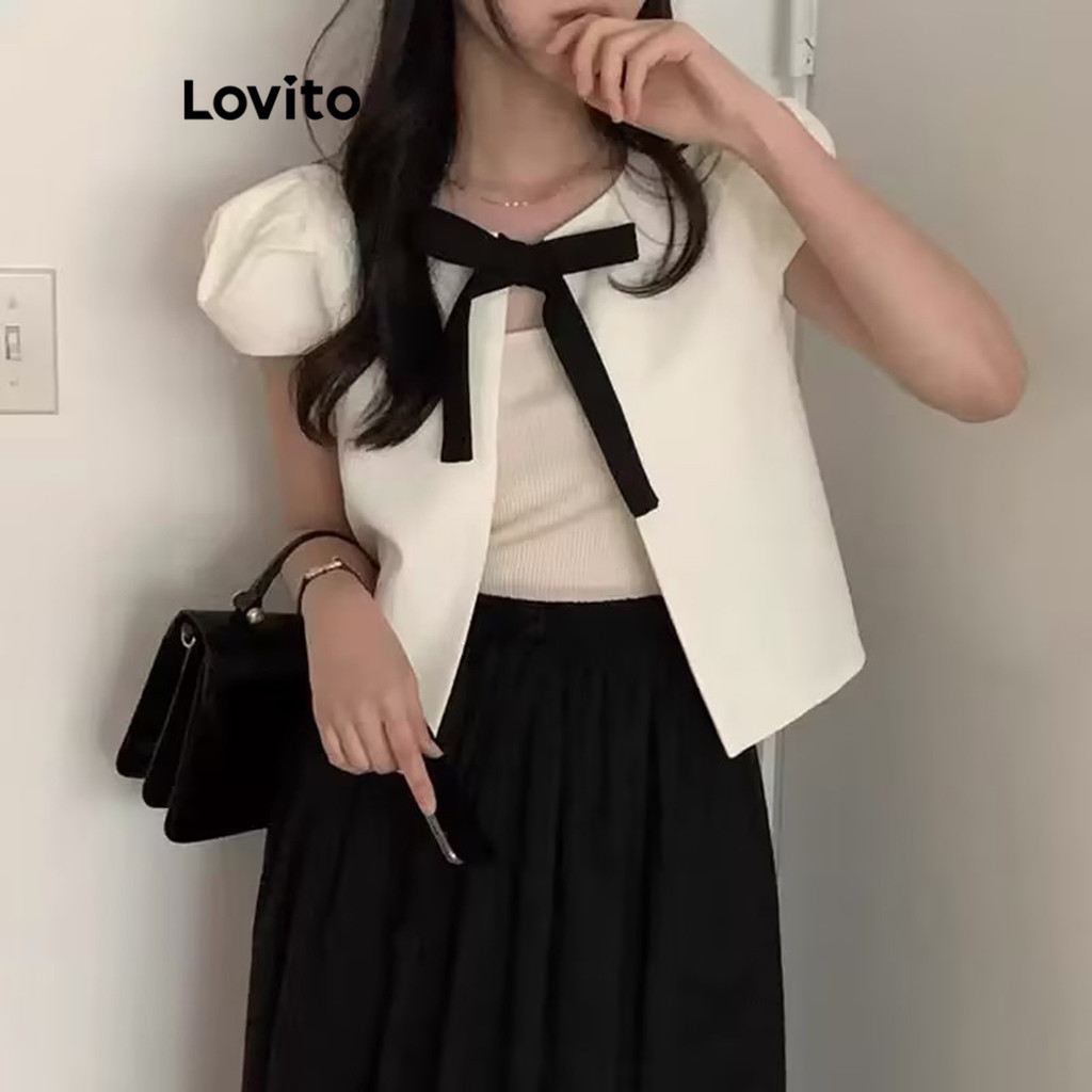 Detalhes do Lovito Blusa Feminina Lisa Com Laço Elegante L106AD516