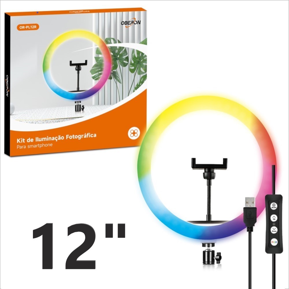 Profissional Ring Light RGB 12" Led Com Cabeça Giratoria e Tripé Ajustável