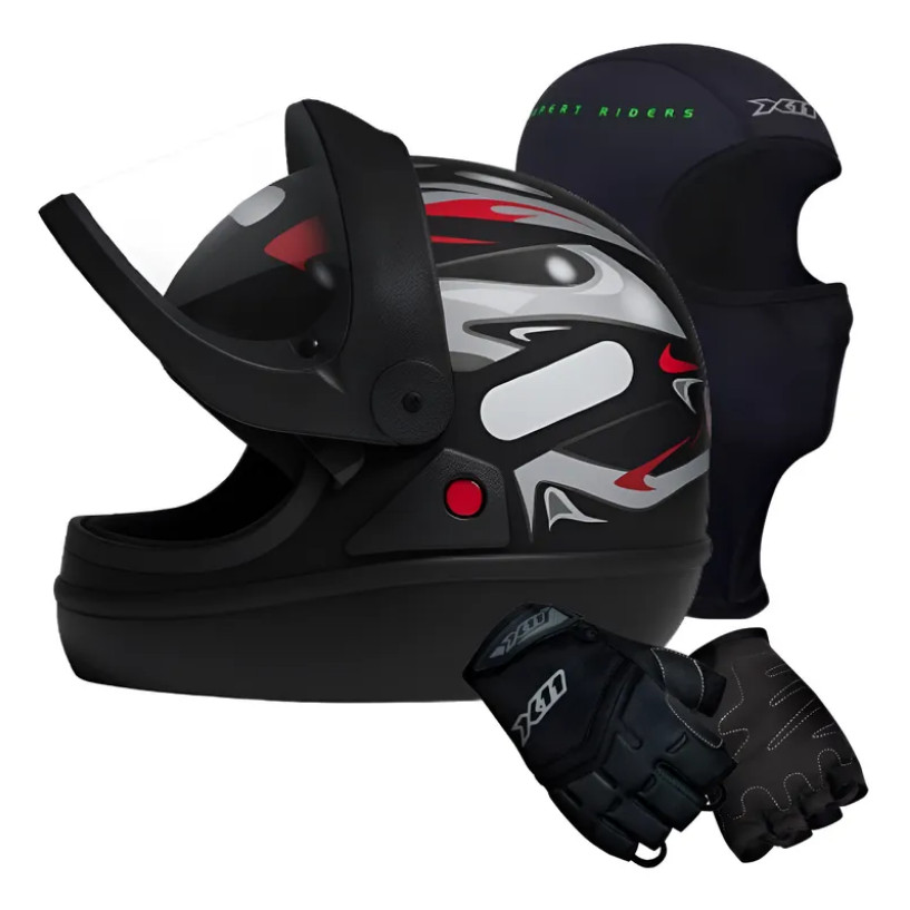 Capacete San Marino Grafic Preto Mais Luva FitX Meio Dedo E Balaclava
