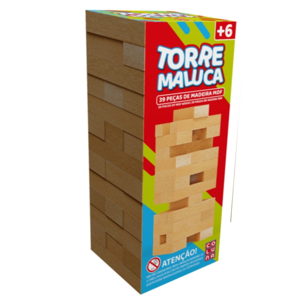 JOGO TORRE MALUCA 39 PEÇAS MADEIRA REFLORESTADA MDF COLUNA BRINQUEDO CAIU PERDEU DERRUBAR EQUILIBRAR