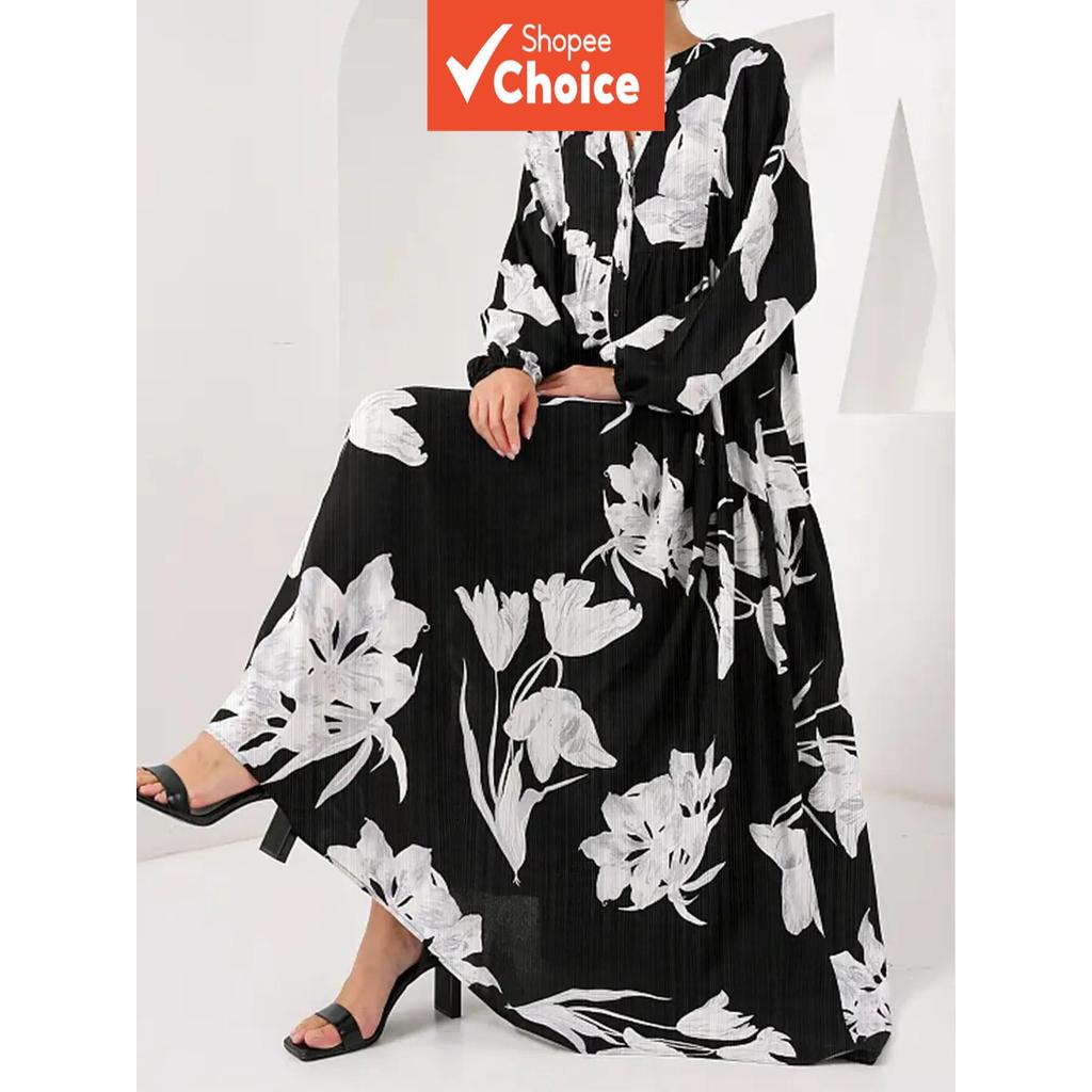 Vestido comprido com estampado floral preto e branco em várias camadas | Vestido de mangas compridas com decote em V