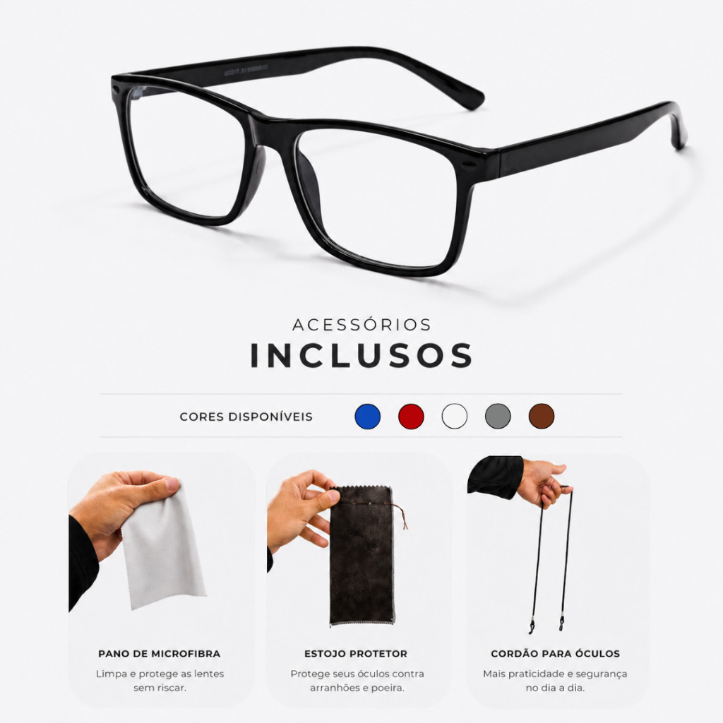 Óculos de Grau Quadrado com Kit Completo Incluso + Estojo Flanela Cordão para Proteção e Uso Diário