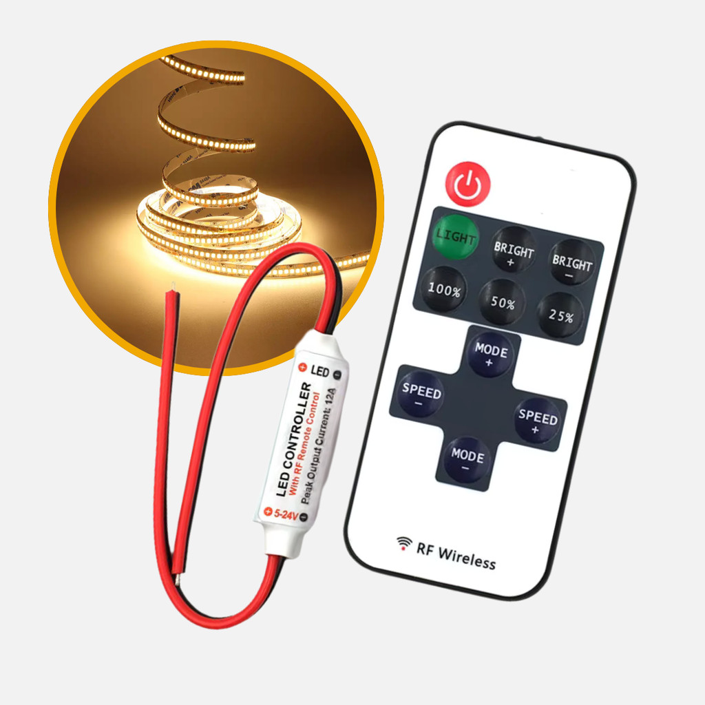 Dimmer c/ Controle Remoto Fita Led 12V e 24V Ajuste de Brilho e Velocidade Iluminação de Cor Única 5050 5630 2835 3528