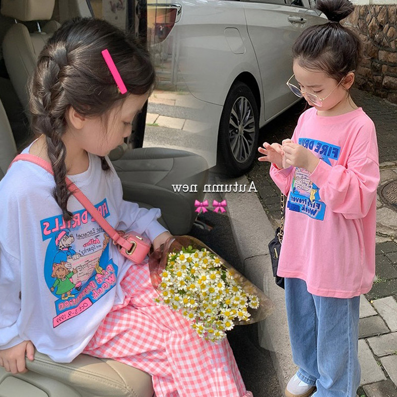Crianças dos desenhos animados impresso camiseta 2026 primavera novas meninas forro de lã solto em torno do pescoço mang