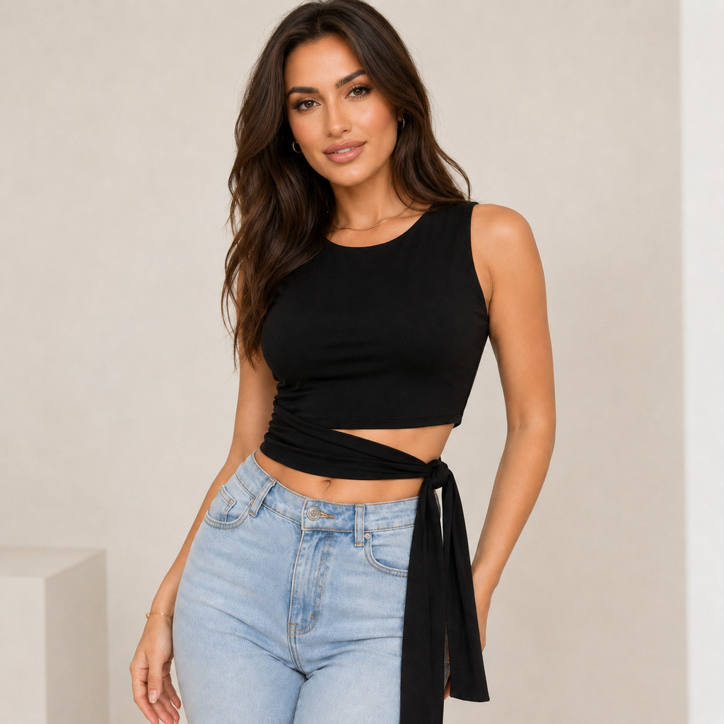 Blusa Feminina Amarração Laço Lateral Cropped Suplex Moda Blogueira Lançamento Estilosa Moderna sexi