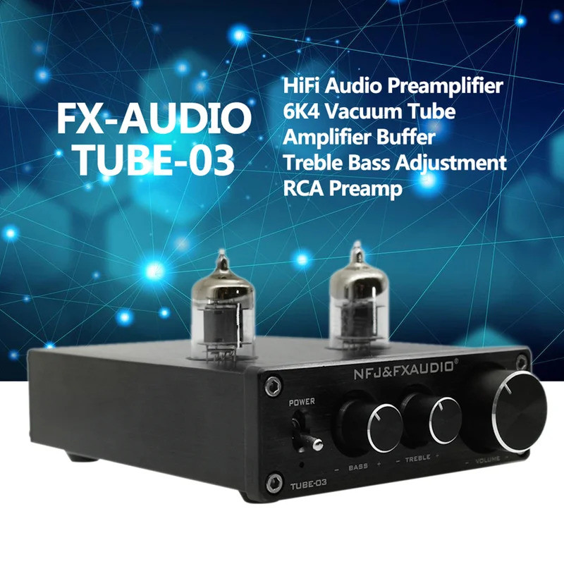 TUBE-03 Mini Pré-amplificador de Áudio HiFi, Amplificador a Vácuo 6K4, Buffer com Ajuste de Agudos e Graves, Pré-amplifi