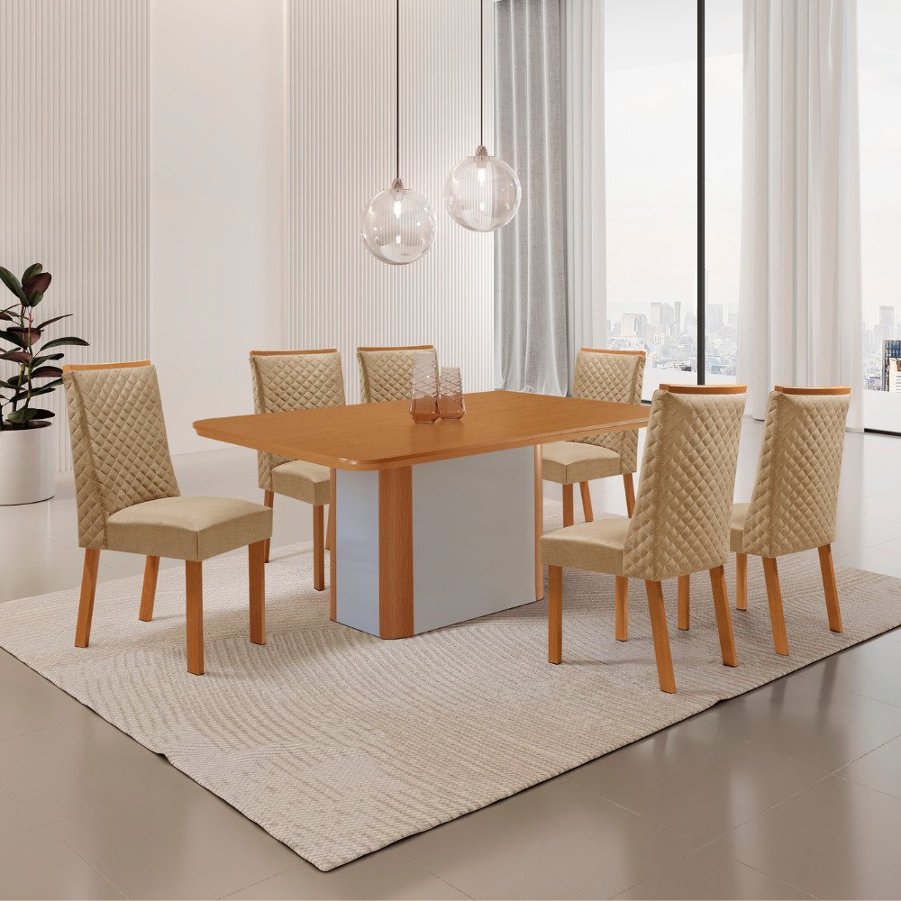 Mesa de Jantar Isadora Yasmin 180 cm Tampo MDF Canto copo Laminado com 6 Cadeiras Moderna Mobília