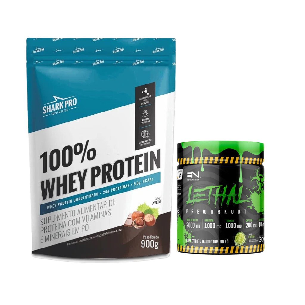 Kit 100% Whey Protein Shark Pro 900g Avelã+ Pré Treino Lethal 300g Limão