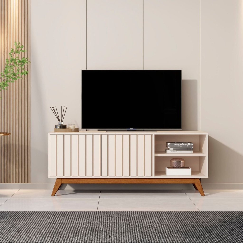 Rack para TV até 60 Polegadas Ripada Retrô Pés em Madeira Maciça 100% MDF 140cm Linha Açaí Off White Off White