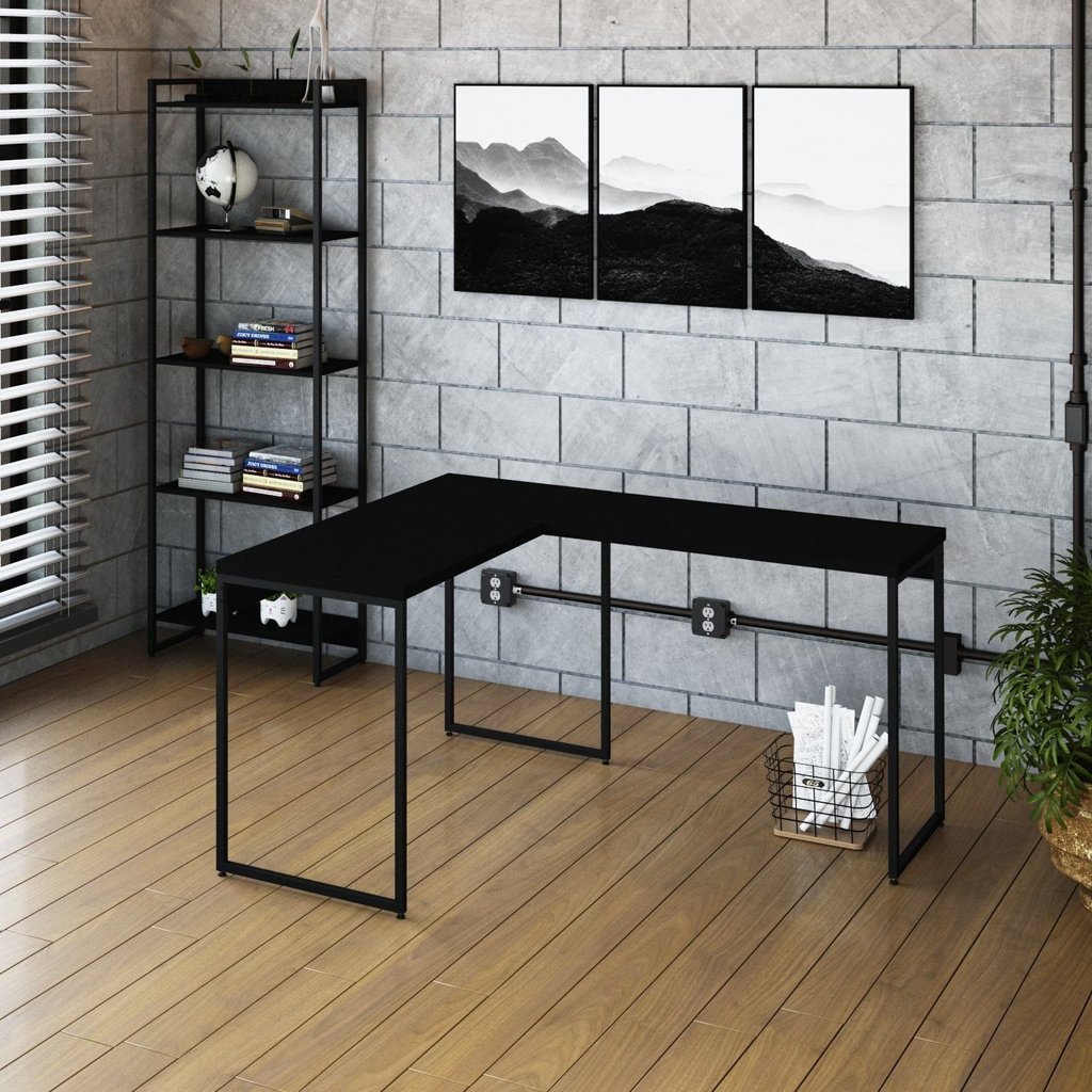 Escrivaninha Mesa Escritório L Estilo Dynamica 140cm Industrial Yescasa Preto Ônix e Preto Preto Onix/Preto
