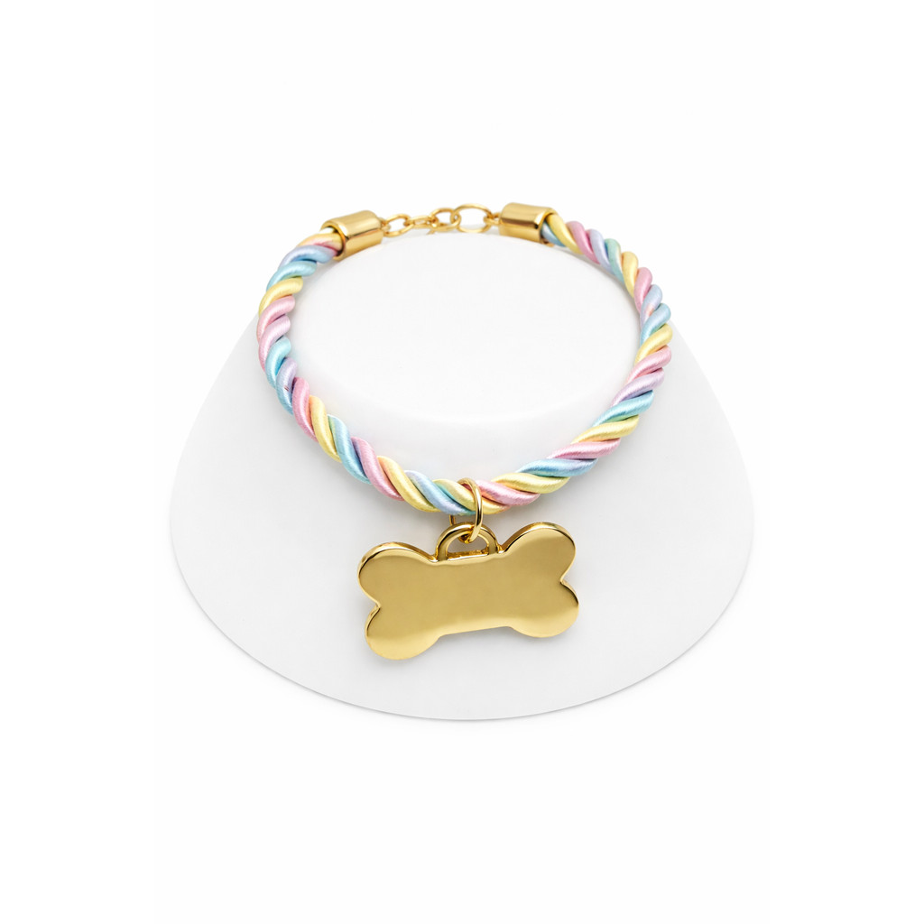Coleira Pet Luxo Cachorro Com Pingente Osso Ouro Personalizada Tag Identificação Nome Cão e Tutor