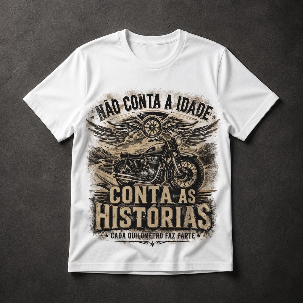 Camiseta Motociclista Não Conta a Idade Conta as Histórias Cada Quilômetro Faz Parte Moto