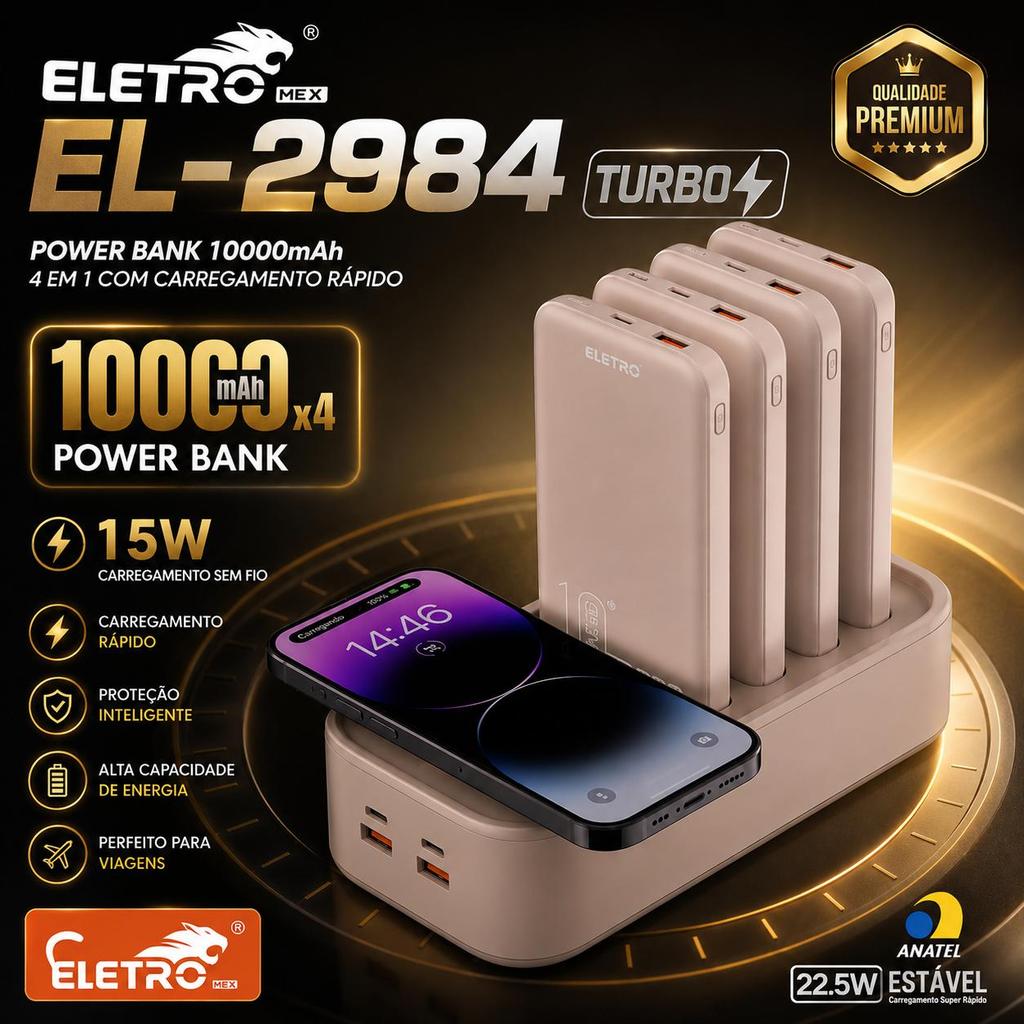 Power Bank 4x10000mAh Eletromex EL-2984 Turbo 22.5W Carregamento Rápido Sem Fio Base Carregadora USB-C