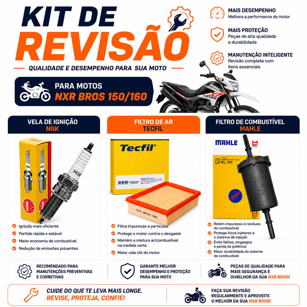 Kit revisão completo Vela + Filtro De Ar + Filtro Comb Nxr Bros 150 160 Xre 190 2009 a 2024