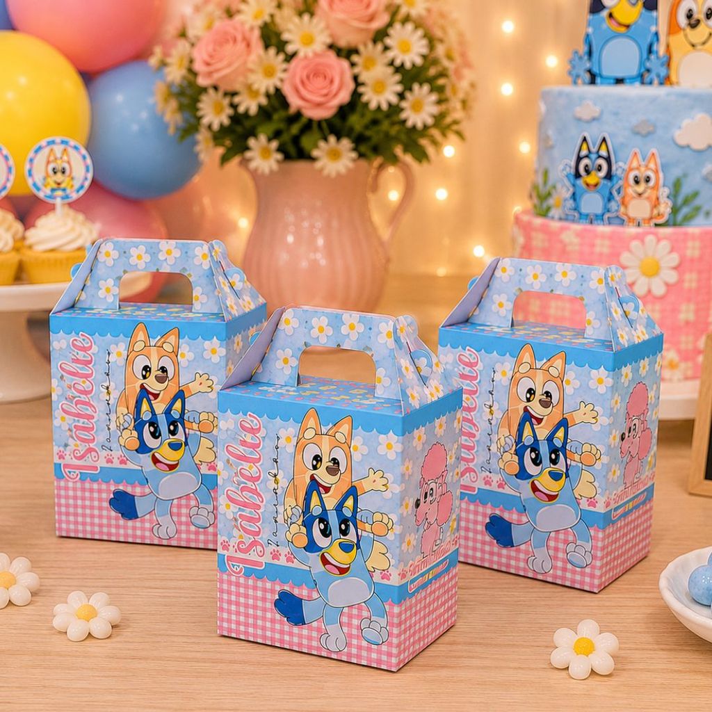 Kit Caixinhas Maleta Bluey Menina Aquarela Cute Lembrancinhas Festa Infanti Pegue e Monte Personalizados