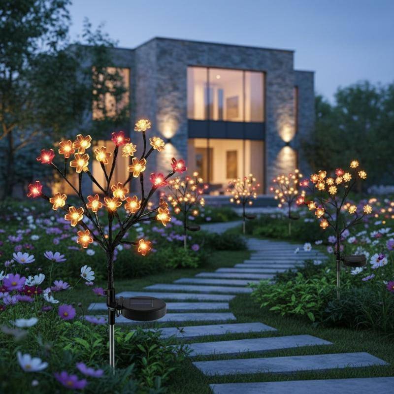 S & T 20 LED Movido A Energia Solar Flor De Cerejeira Luzes De Lótus Decoração De Caminho De Jardim Estaca De Gramado Ao