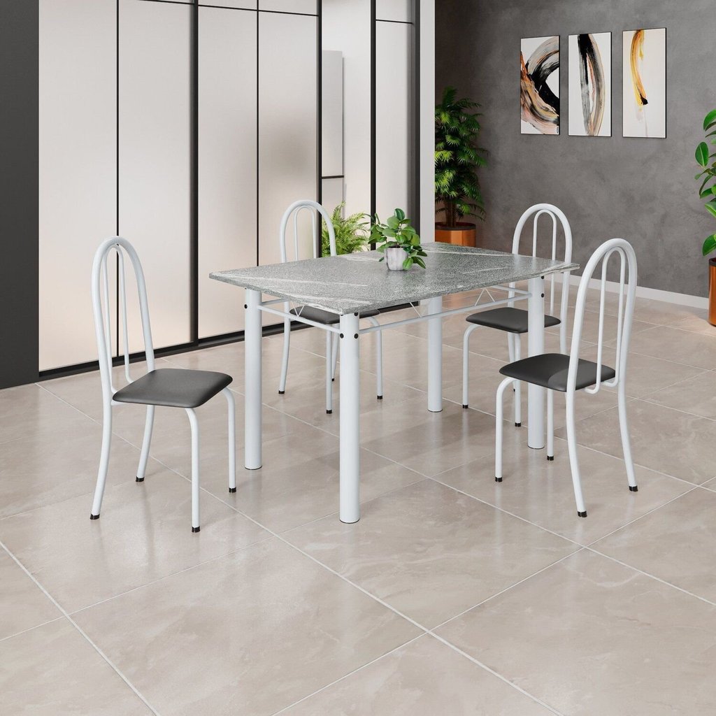 Conjunto de Mesa Tubular 120x75cm Tampo em Granito Topázio com 4 Cadeiras Iris Branco/Preto
