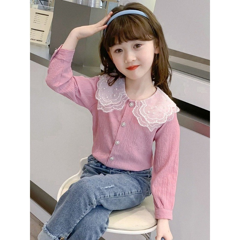 Meninas camisas primavera outono novo estilo crianças camisetas de manga comprida estilo fino estilo ocidental grandes c