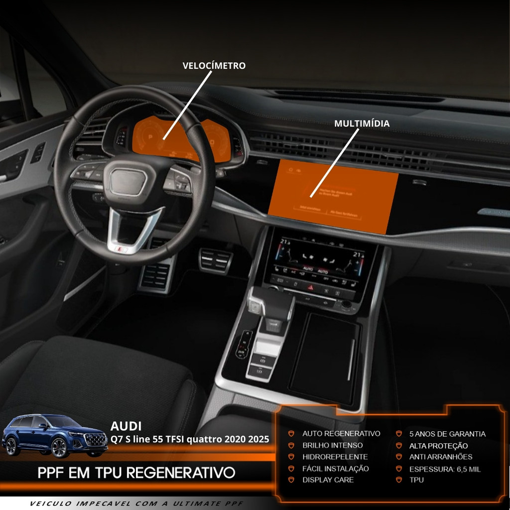 Película PPF Proteção Kit Velocímetro Multimídia Audi Q7 S line 55 2020 2021 2022 2023 2024 2025 Transparente TPU