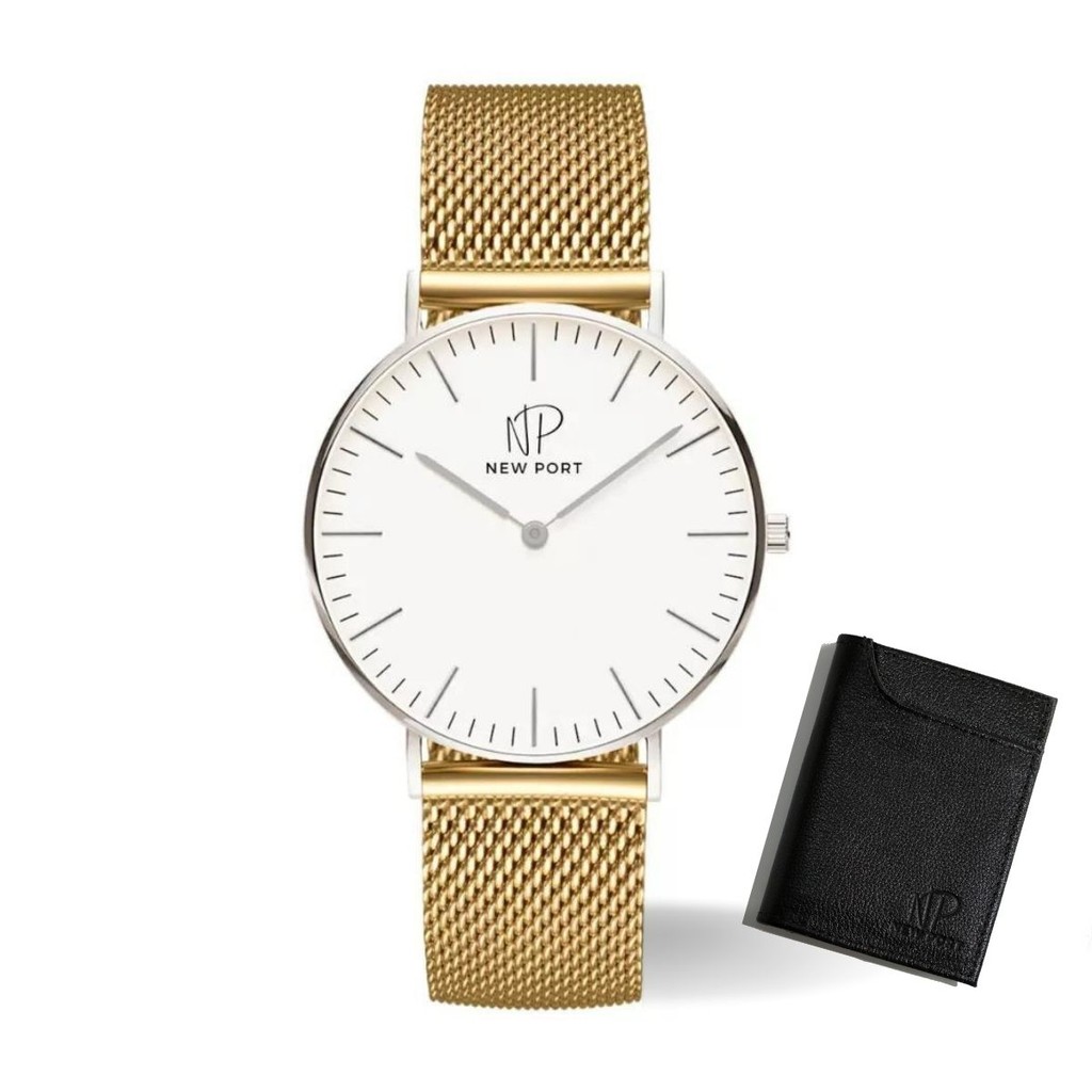 Relógio de Pulso Masculino Dourado New Port + Carteira Couro
