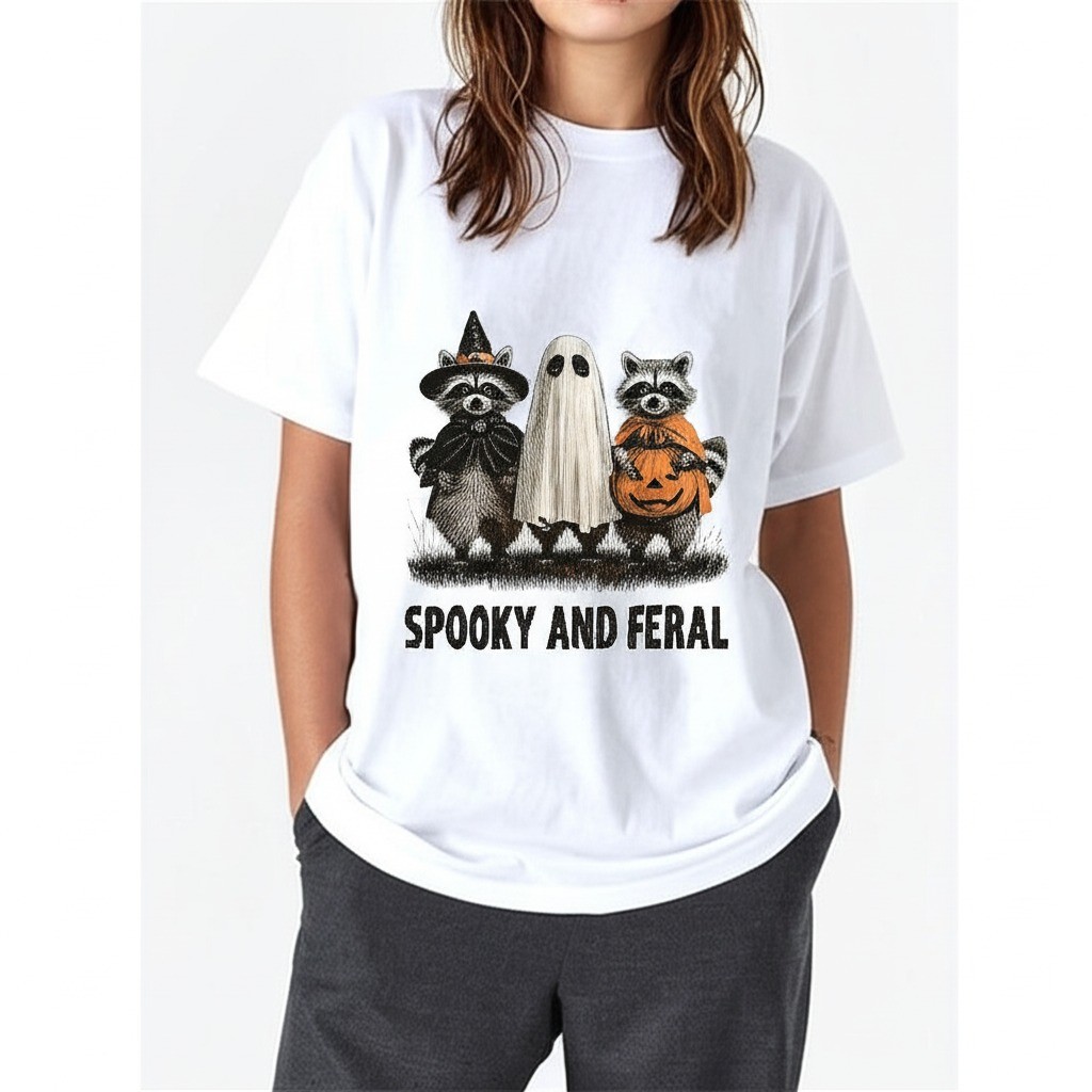 Camiseta Feminina Premium Halloween, Fantasmas Abóbora Morcego, Oversized 100% Algodão Confecção Própria