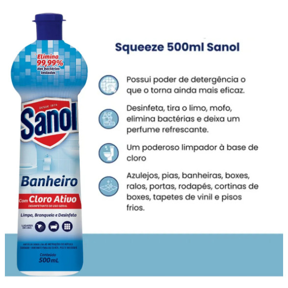 Detalhes do Kit Leve 3 Pague 2 (2 Banheiros Cloro Ativo 500ml + 01 Multilimpador Power Clean 500ml) - Sanol