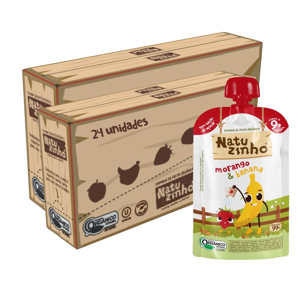 Kit Papinha Organica Natuzinho Morango Banana Bebe 24 unid
