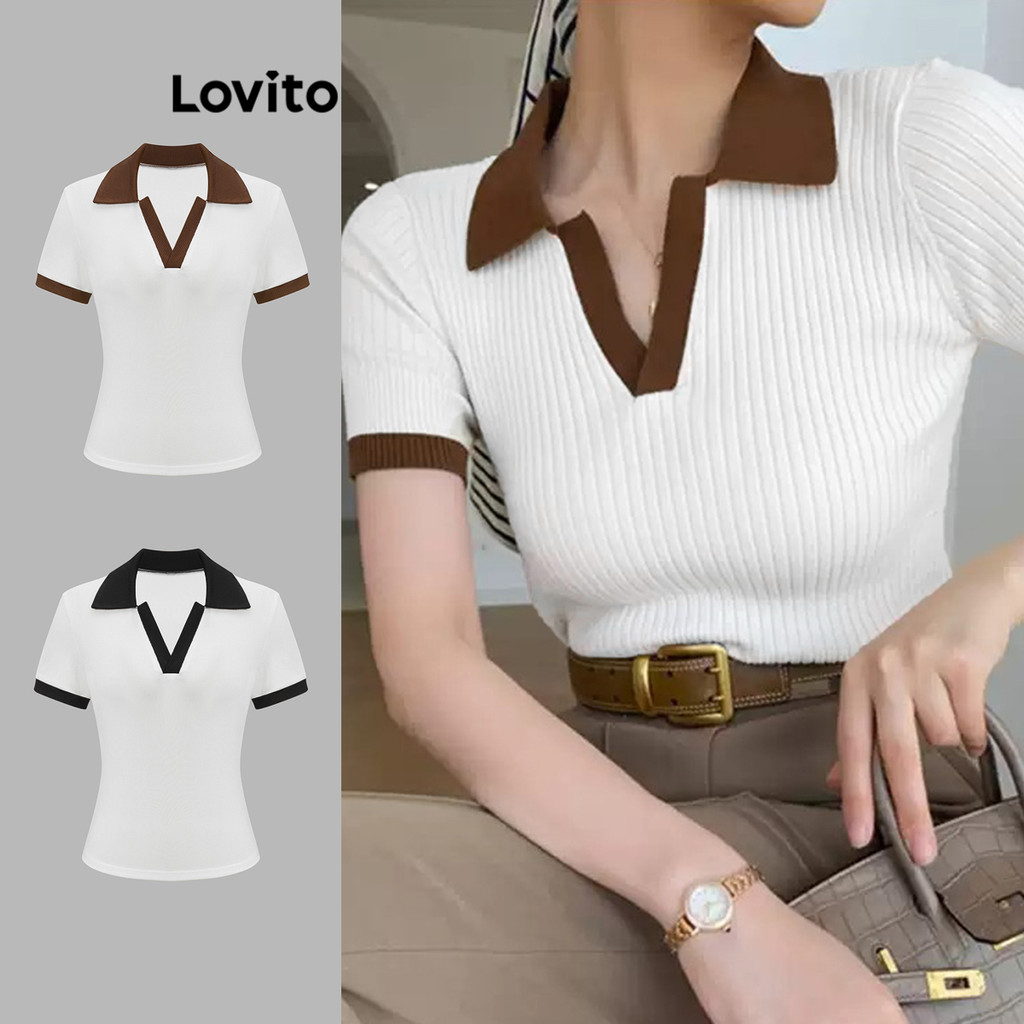 Lovito Camiseta Feminina Casual De Tecido Texturizado Com Gola Contrastante E Patchwork L121AD1107