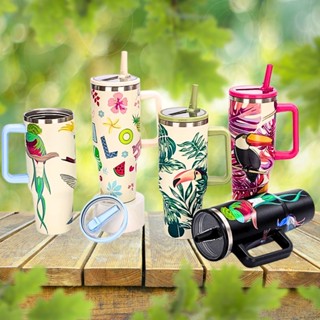 Copo Caneca Térmico 1200ml Alça e Canudo Estampado Fauna Pássaro Tucano Arara Copo Térmico Tropical com Tampa em Oferta na Shopee