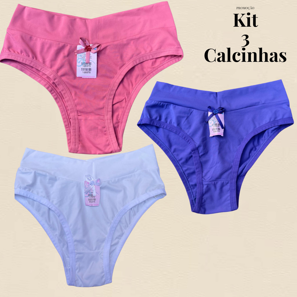 Kit com 3 Calcinhas Femininas Microfibra Cós Alto Confortável Premium Lisa Básica