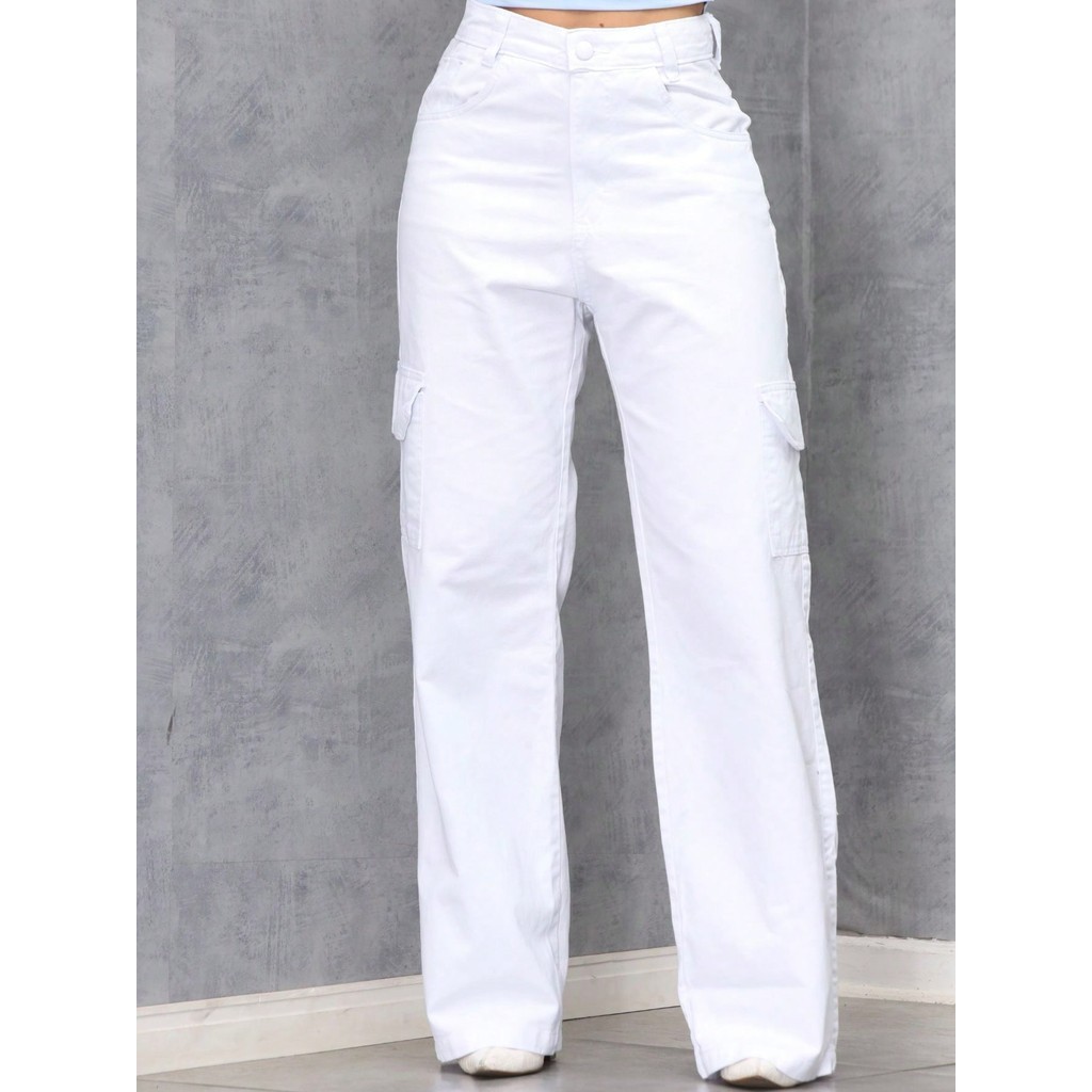 Calça Cargo Jeans Feminina Wide Leg
