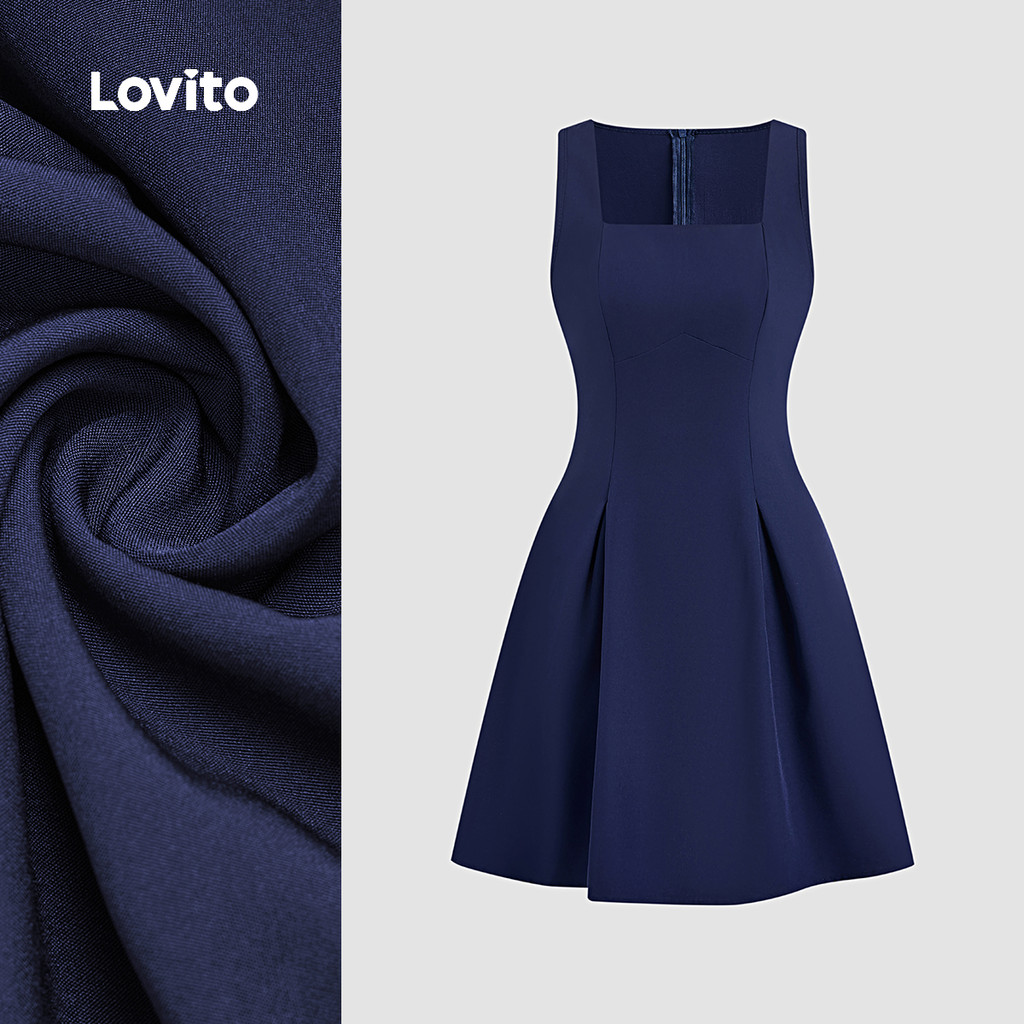 (NEW) Lovito Vestido Elegante de Pregas Primavera/verão Vestido Azul-marinho para Mulheres L149LD323 em Oferta na Shopee