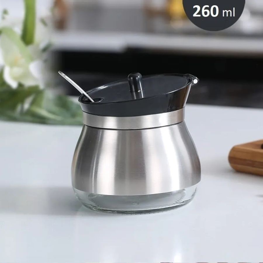 Açucareiro De Vidro Com Tampa E Colher Revestido Em Aço Inox em Oferta na Shopee